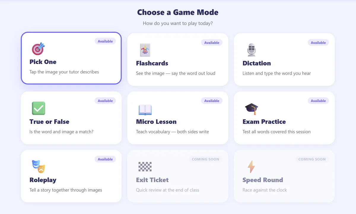 Languademy Play — choose a game mode
